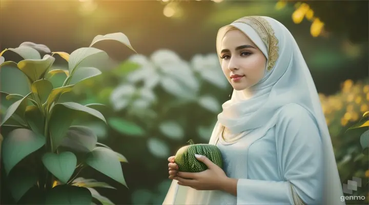 Wanita bule cantik memakai jilbab warna putih sedang berdiri ditengah kebun pare