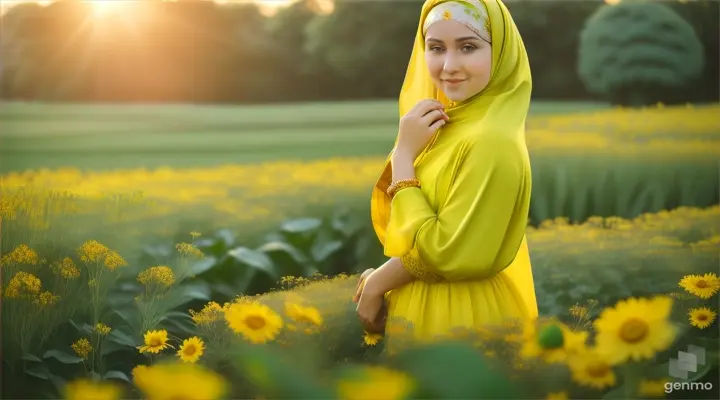Wanita bule cantik memakai jilbab warna kuning sedang berdiri ditengah kebun pare