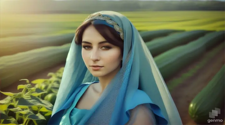 Wanita bule cantik memakai jilbab warna biru sedang berdiri ditengah kebun oyong