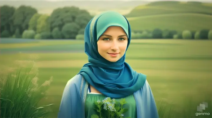 A beautiful Caucasian woman in a blue hijab, standing in a breezy field of young cucumber plants