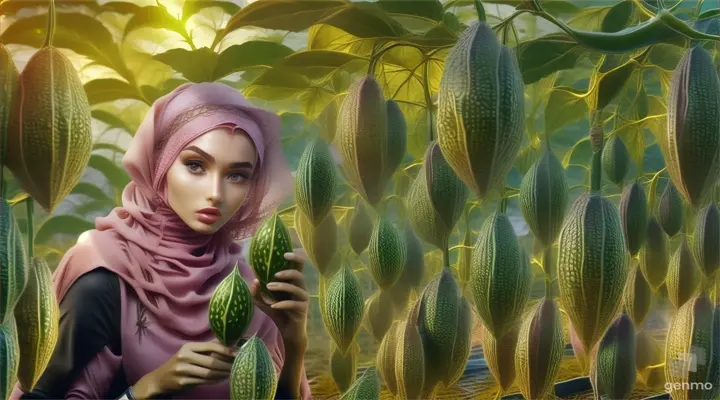 a woman in a pink hijab holding a green plant