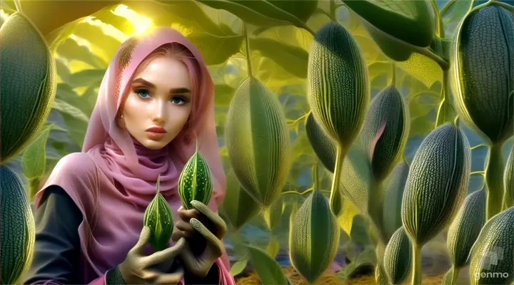 a woman in a pink hijab holding a green plant
