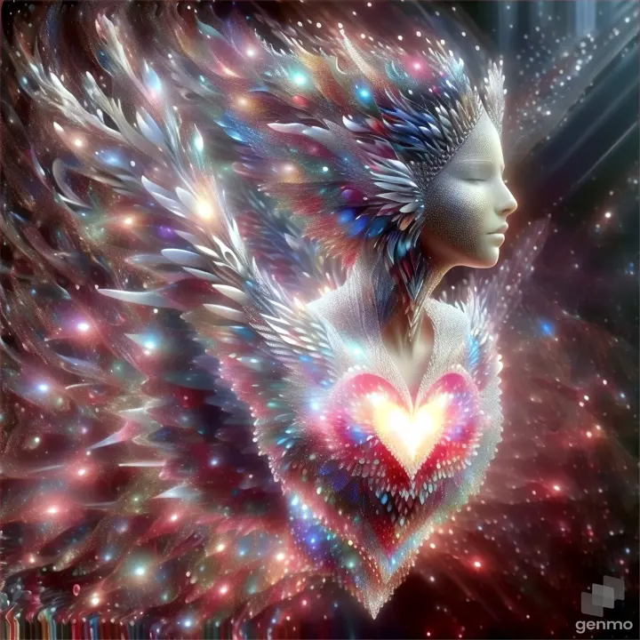 a woman's face with wings and a heart in her hands