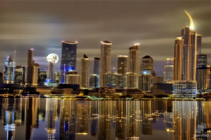 a view of a city at night from across the water, fractals, moon, stars, city life