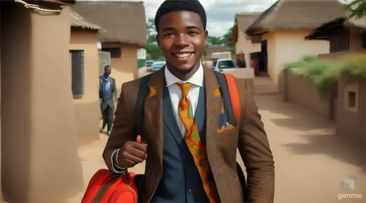 An African young man named Chris, returns to the village, wears suits with a traveling bag