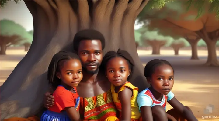 an african man with his two daughters in an African village