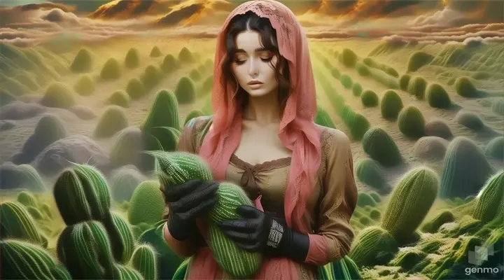 a painting of a woman in a field of cacti