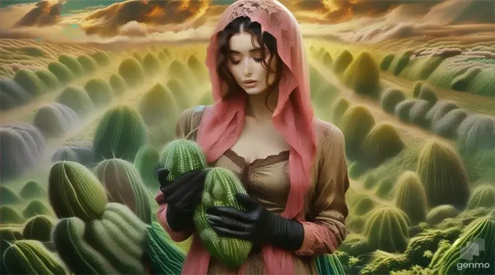 a painting of a woman in a field of cacti