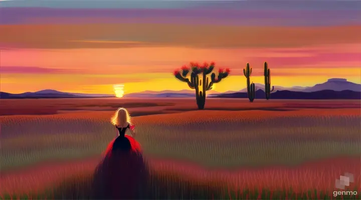 a painting of a woman in a field of cacti