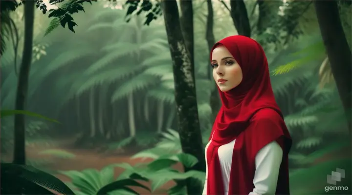 Wanita bule cantik memakai jilbab warna merah berdiri ditengah kebun pare hutan belantara