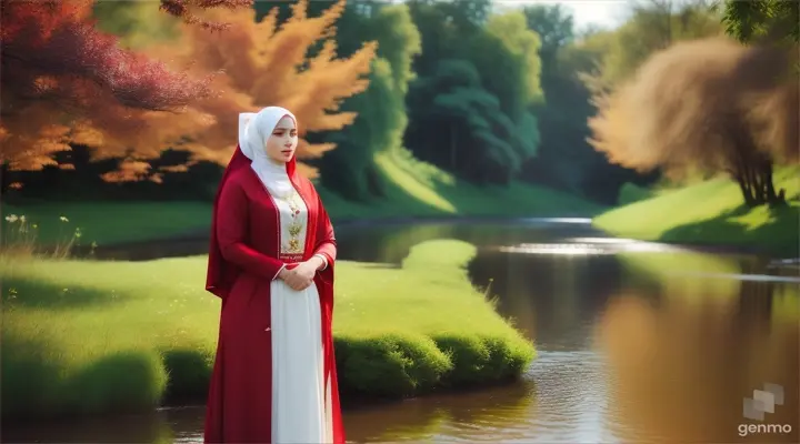Wanita bule cantik memakai jilbab warna merah berdiri ditengah kebun dekat sungai