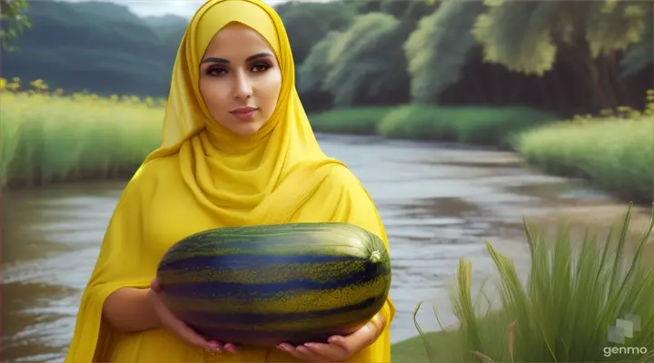 Wanita bule cantik memakai jilbab warna kuning menggenggam buah oyong ditengah kebun dekat sungai