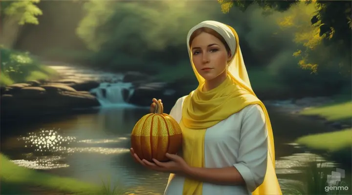 Wanita bule cantik memakai jilbab warna kuning menggenggam buah oyong ditengah kebun dekat sungai