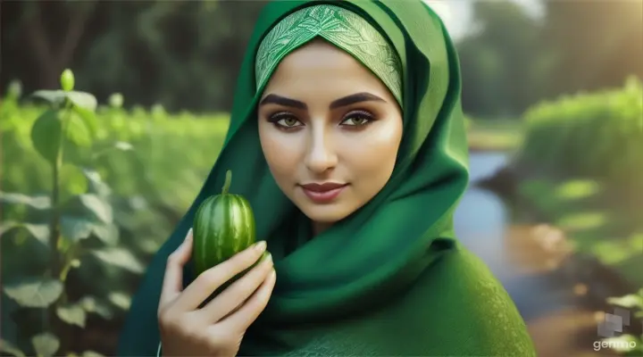 Wanita bule cantik memakai jilbab warna hijau menggenggam buah oyong ditengah kebun dekat sungai