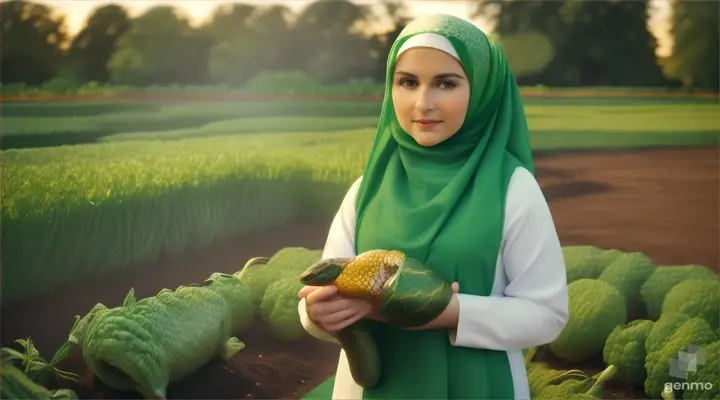Wanita bule cantik memakai jilbab warna hijau berdiri menggenggam buah oyong ditengah kebun