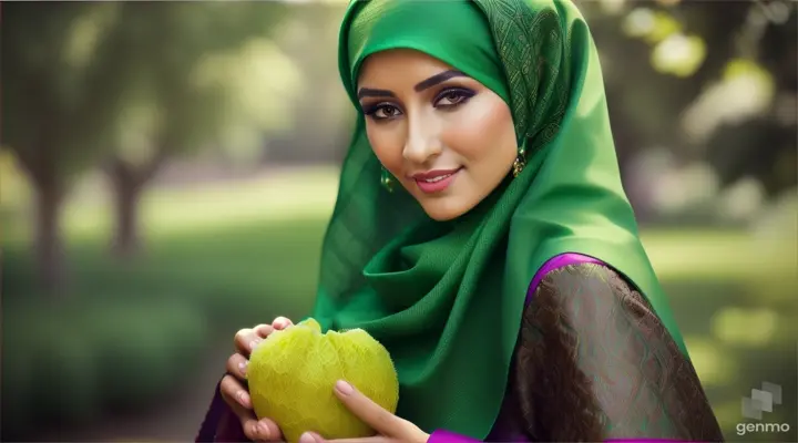 Wanita bule cantik memakai jilbab warna hijau berdiri menggenggam buah oyong ditengah kebun