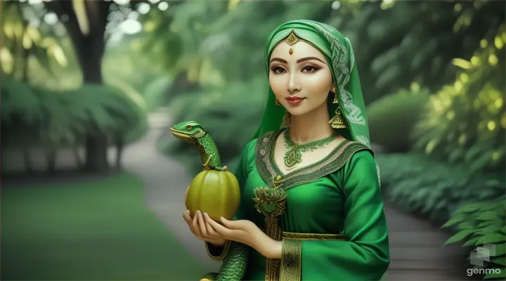 Wanita bule cantik memakai jilbab warna hijau berdiri menggenggam buah oyong ditengah kebun