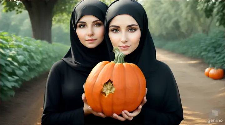 Wanita bule cantik memakai jilbab warna hitam berdiri menggenggam buah oyong ditengah kebun