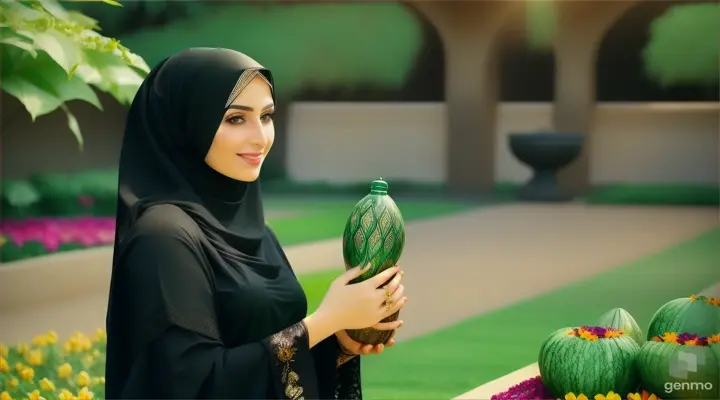 Wanita bule cantik memakai jilbab warna hitam berdiri menggenggam buah oyong ditengah kebun
