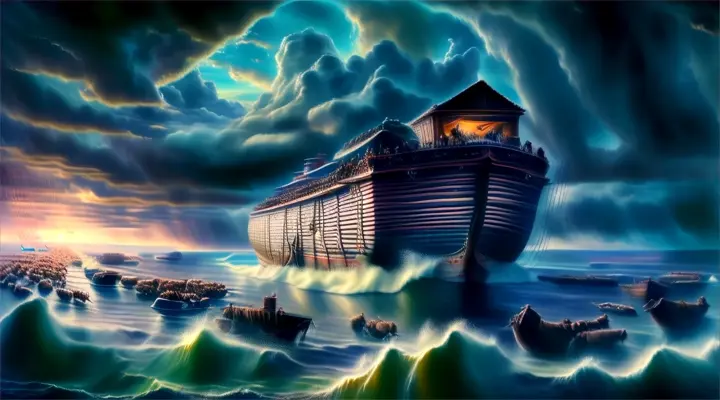 a painting of a ship in the middle of the ocean