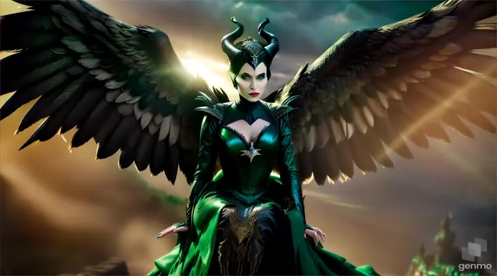 Maleficent with eagle wings in front of a green screen.