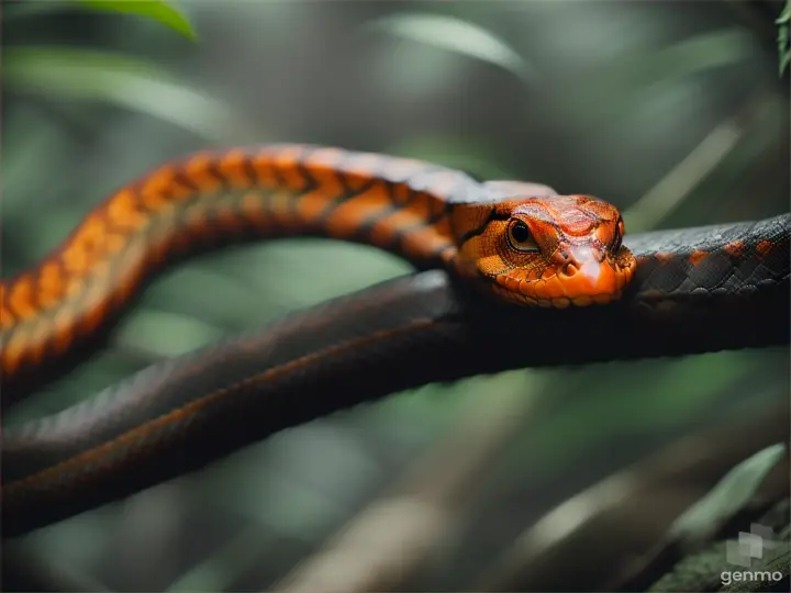 an unknown orange serpant wrapped around a branch in the slightly foggy forest