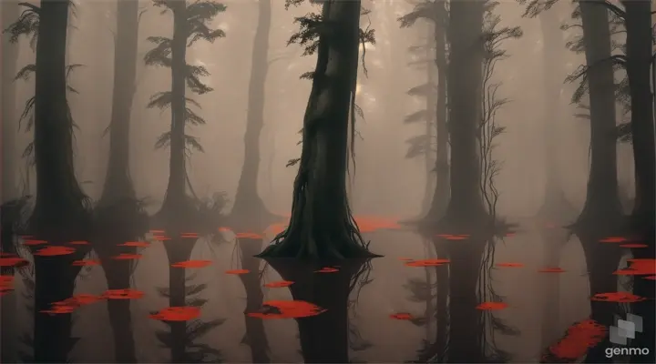 a mysterious orange pond in the middle of the foggy forest. make it scary