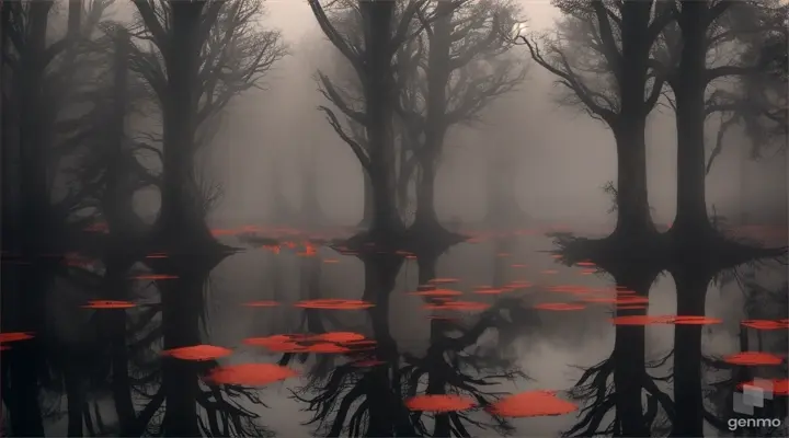 a mysterious orange pond in the middle of the slightly foggy forest. make it scary