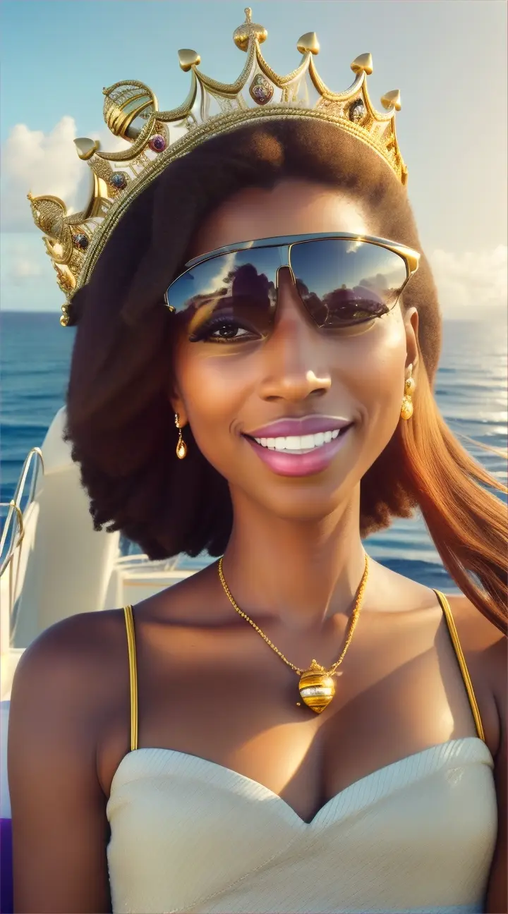 The female queen bee with crown on her head is lying on the deck of her yacht, with sunglasses on her head and a satisfied smile on her lips as she looks out over the vast expanse of the Caribbean ocean knowing that she is the undisputed queen of the seas.