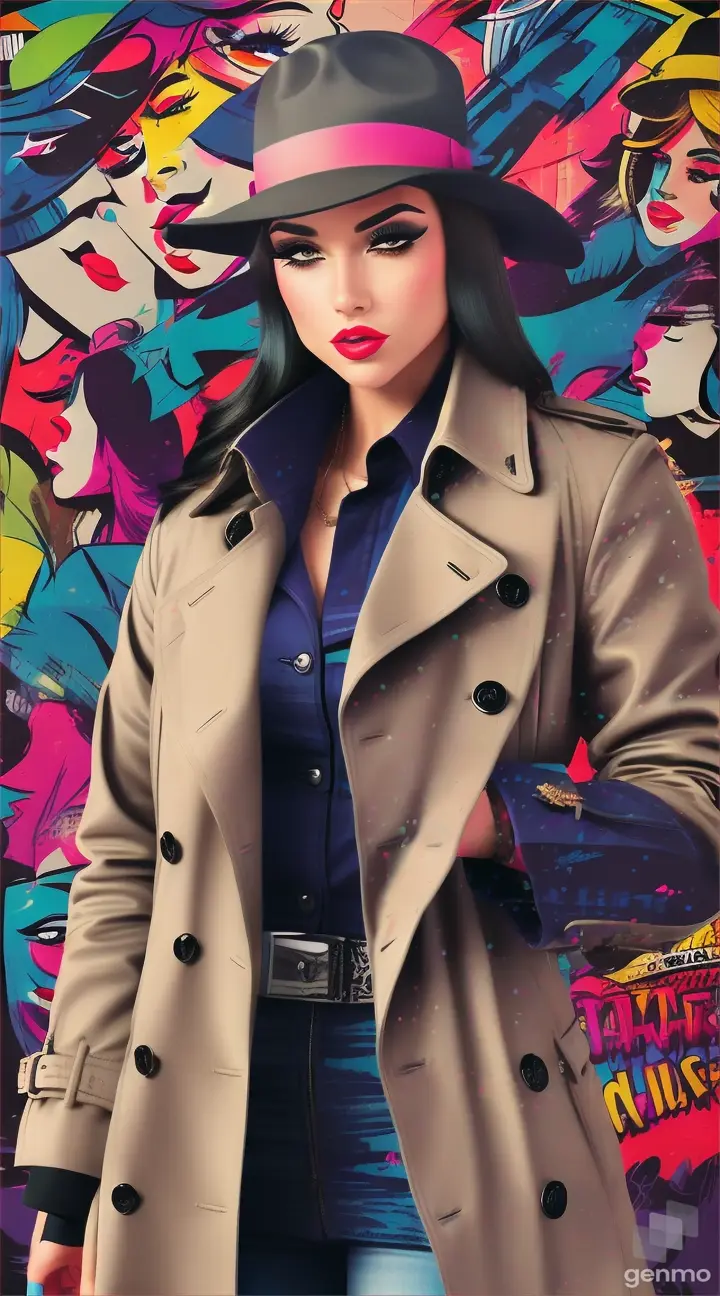 A beautiful young mafia cover woman in pop art style with bold lines and bright colors.