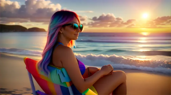 woman with rainbow hair, sitting in a  beach chair, relaxing wearing sunglasses, wearing a swimsuit SFW, looking at the sunset, relacing colors   