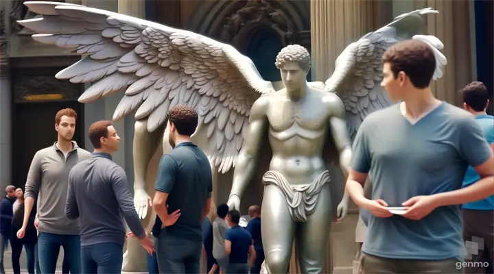 a group of people standing around a statue of an angel