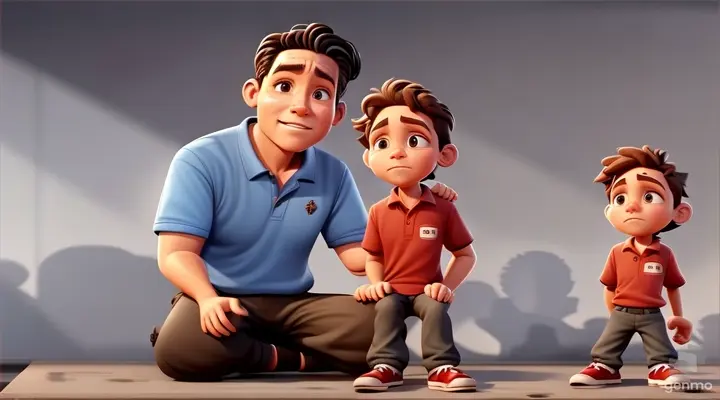a man sitting next to two small children