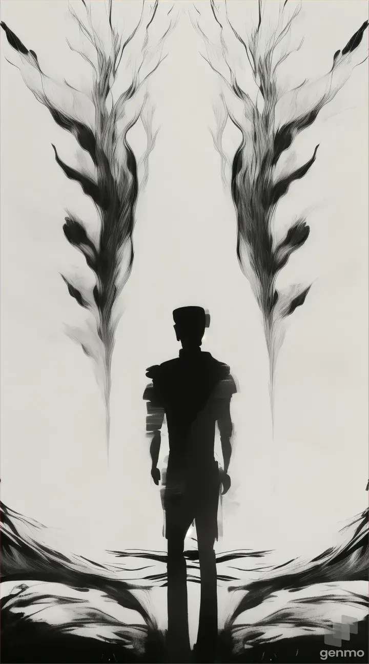 A black and white ink painting of a lonely figure abstract 