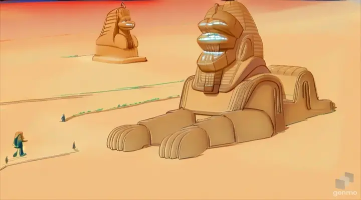 a cartoon of a sphinx has a big lips on its face sitting on the ground and a man walks towards him at the desert