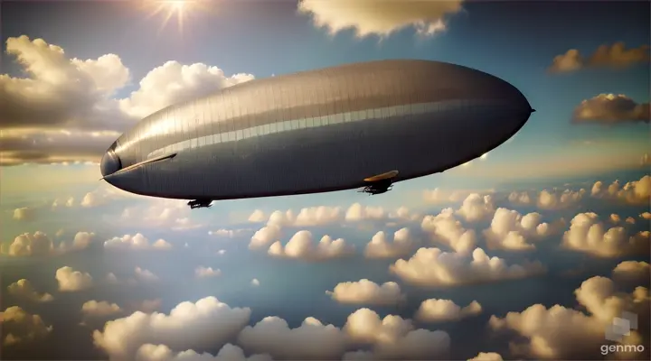 a great dirigible soaring through the sky with endless clouds in the background, fly in front 