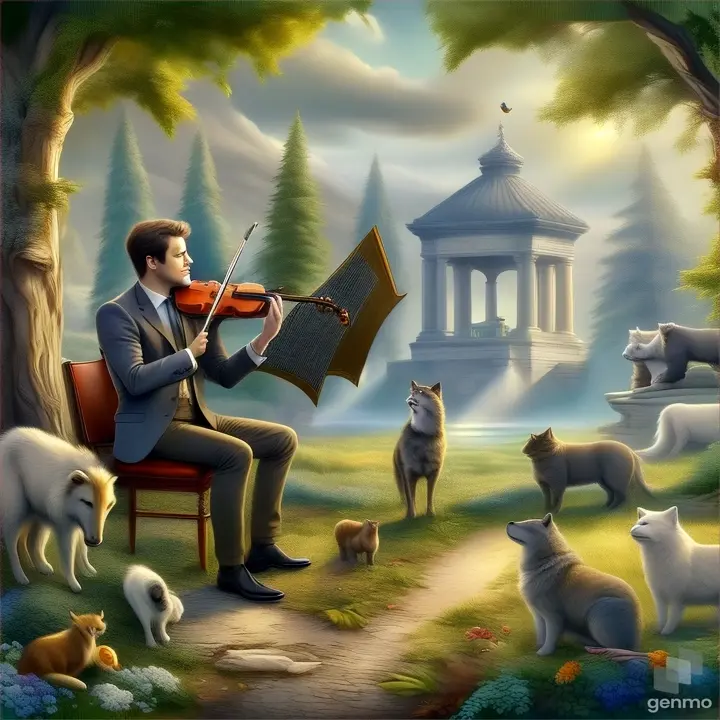 a painting of a man playing a violin with animals around him