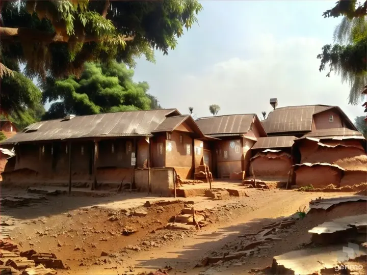 a dirt road that has some houses on it