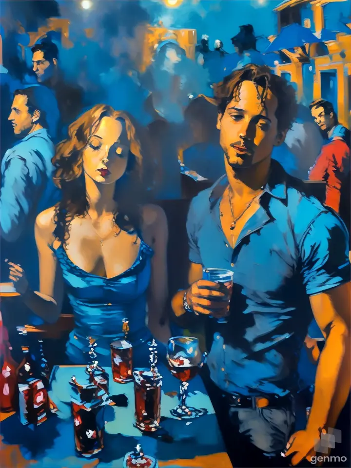 a painting of a man and a woman at a bar