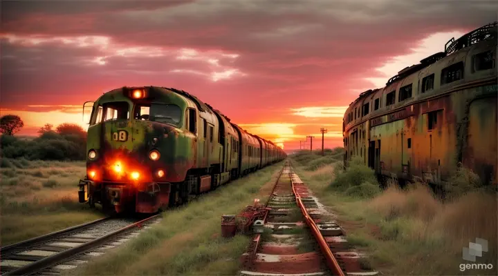 Photograph of an apocalyptic train, desolate and overrun by nature, in rust red and forest green color palette, set against an overgrown railway background --ar 2:1