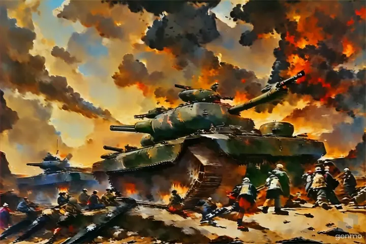 a painting of a tank with a bunch of people on it