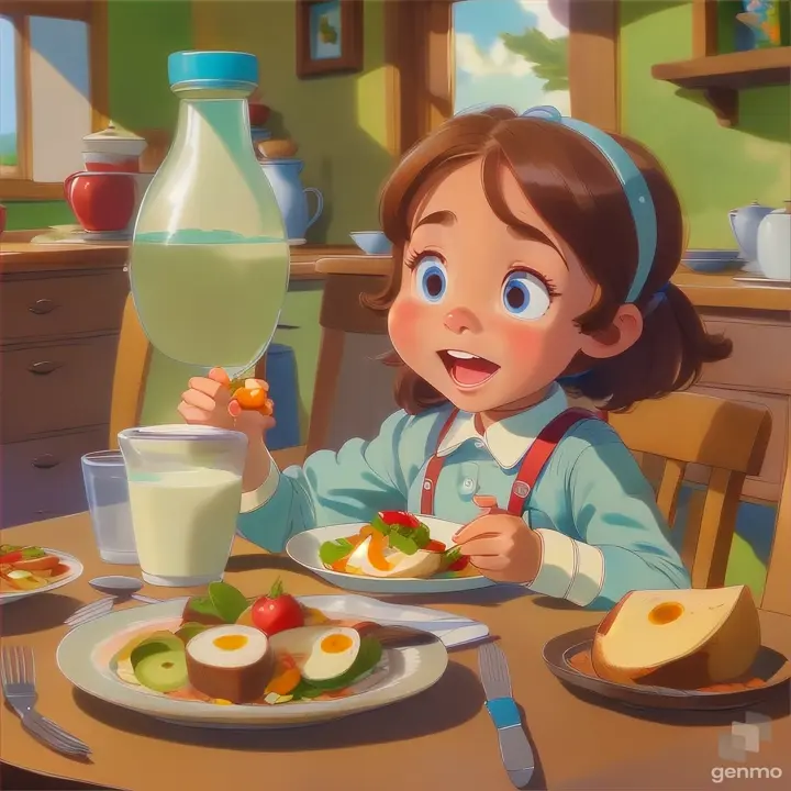 a young girl sitting at a table with a plate of food in front of her