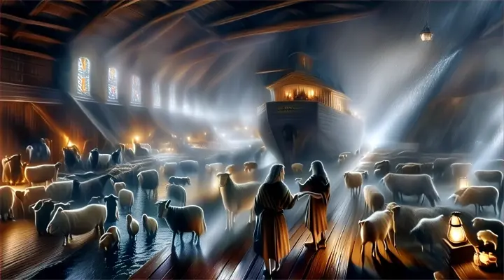 a painting of noah's ark with sheep and sheep in the water