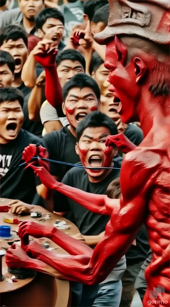 a group of people with red paint on their faces