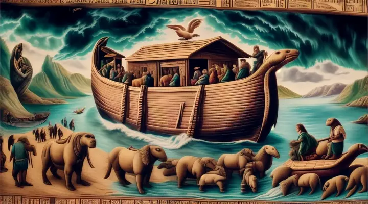 a painting of a boat with people and animals on it