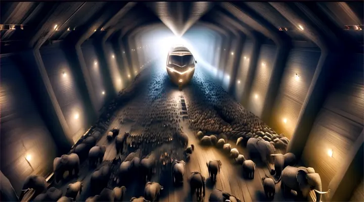 a group of elephants walking through a tunnel