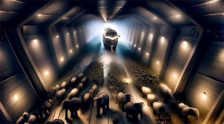 a group of elephants walking through a tunnel