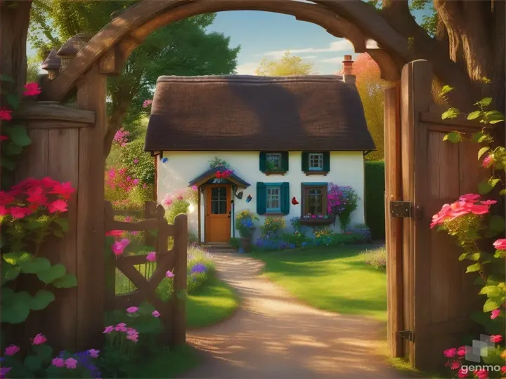 A small picturesque cottage with a rustic gate framing a garden full of colorful butterflies with the cottage visible through the gate