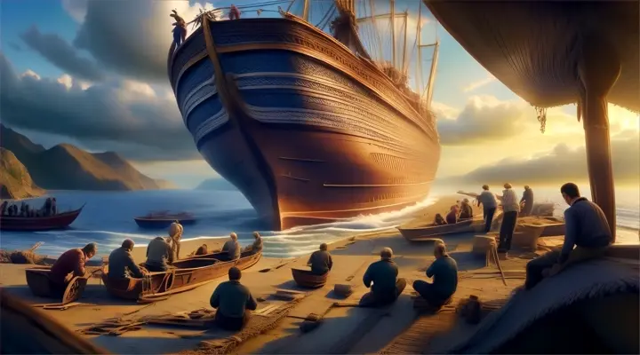 a group of people working on a large boat
