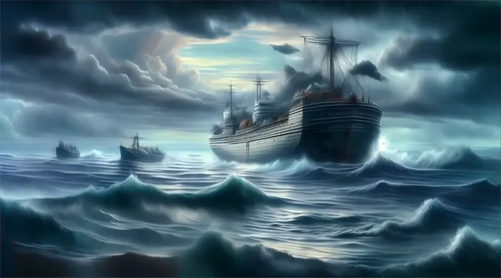 a painting of a ship in a stormy sea
